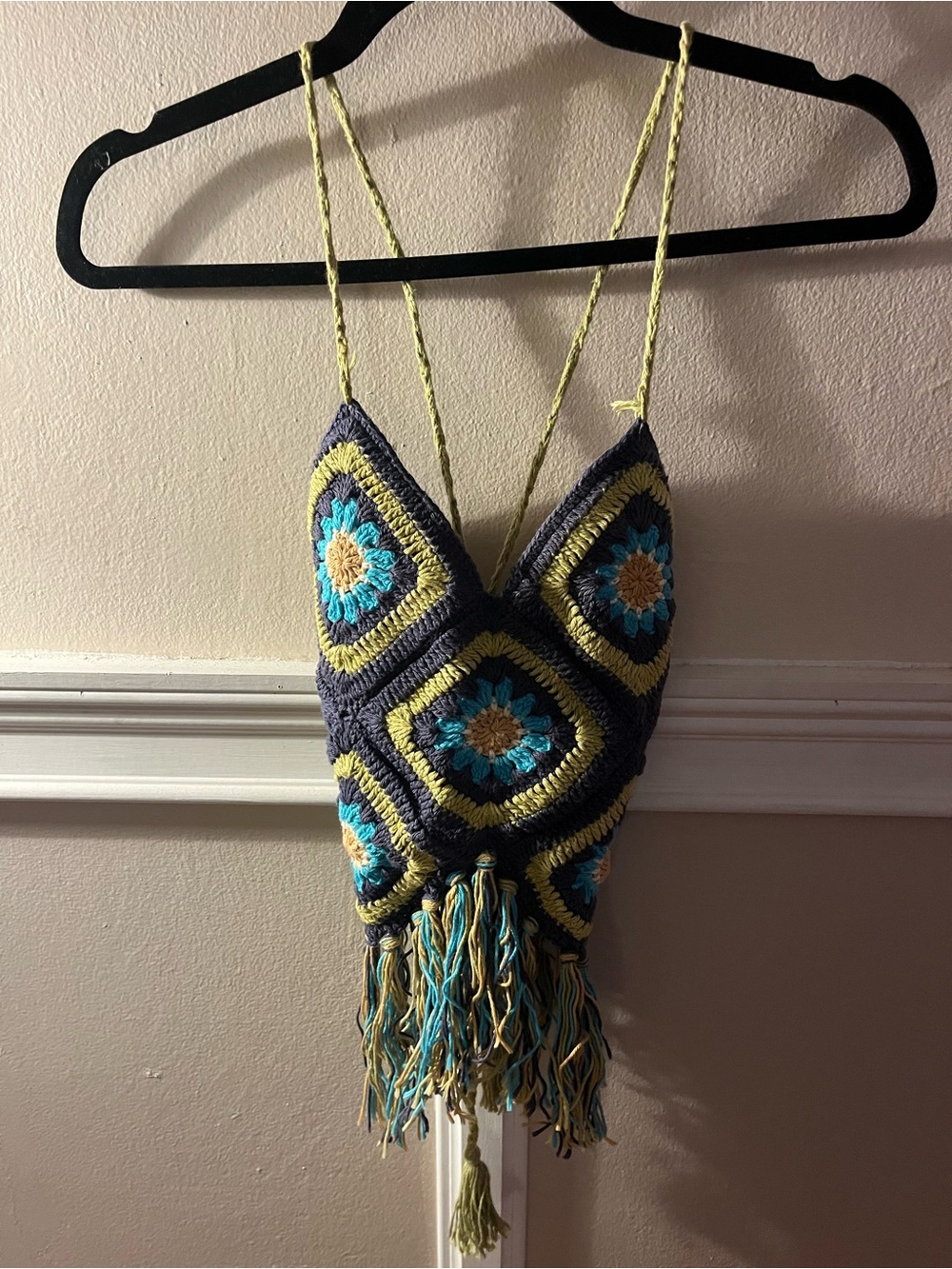 Bohemian Crochet Fringe Crop Top - Gray, Teal & Yellow